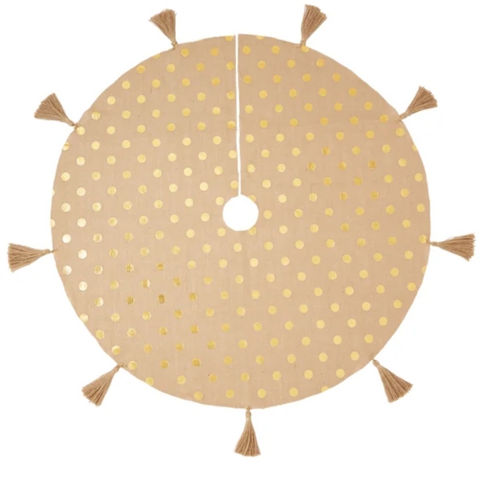 Burlap Tree Skirt with Gold Polka Dots and Large Tassels